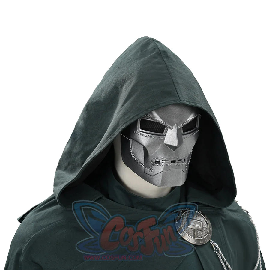 Doctor Doom cosplay hooded angle with deep green folds around a silver-tone mask.