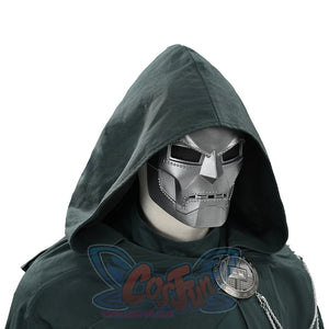 Doctor Doom cosplay hooded angle with deep green folds around a silver-tone mask.