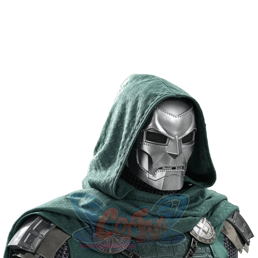 Doctor Doom cosplay hooded upper-body view with green layers and silver-tone shoulder armor.
