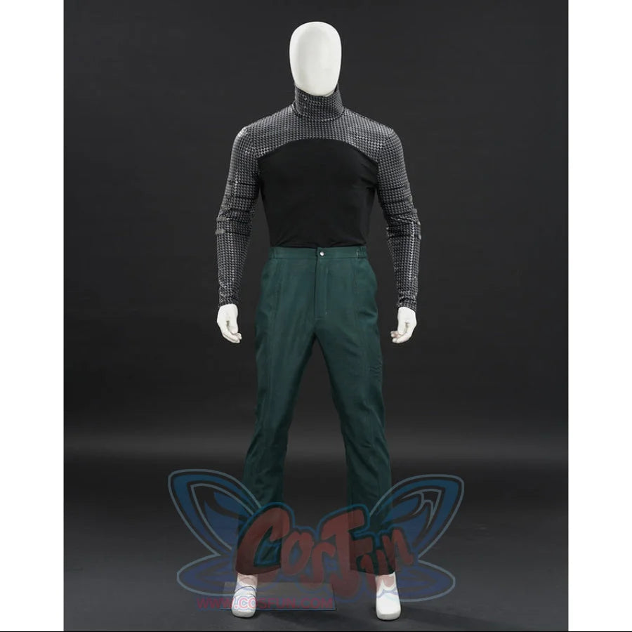 Doctor Doom cosplay inner top front view with a high collar and textured sleeves.