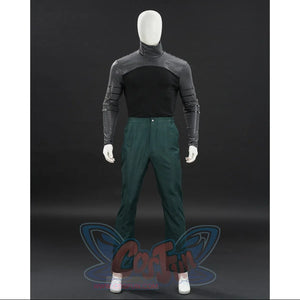 Doctor Doom cosplay inner top front view with a high collar and textured sleeves.