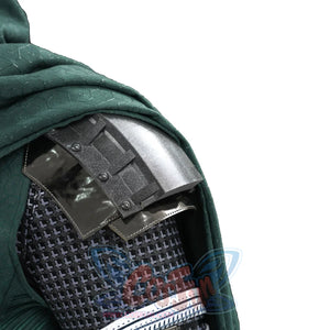 Doctor Doom cosplay layered shoulder armor with curved silver-tone plates over a patterned sleeve.