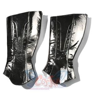 Doctor Doom cosplay leg armor flat lay with tall reflective panels and shaped lower edges.