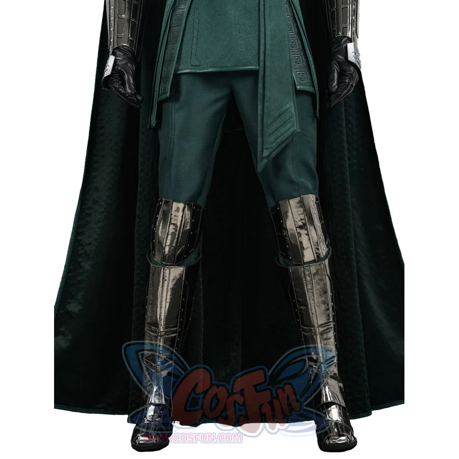 Doctor Doom cosplay leg armor front view with tall silver-tone guards beneath the green tunic.