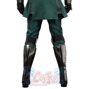 Doctor Doom cosplay leg armor rear view with dark straps and reflective silver-tone panels.