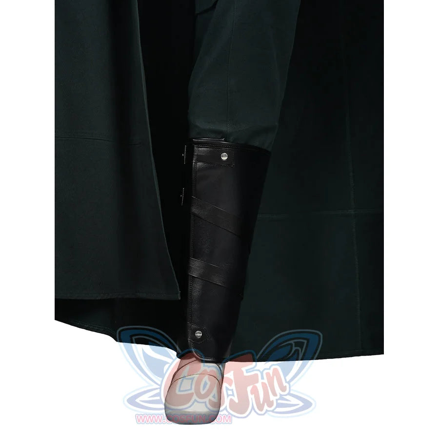 Doctor Doom cosplay leg cover front view with dark layered straps beneath green pants.