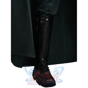 Doctor Doom cosplay leg cover side view with layered black straps beneath the green cape.