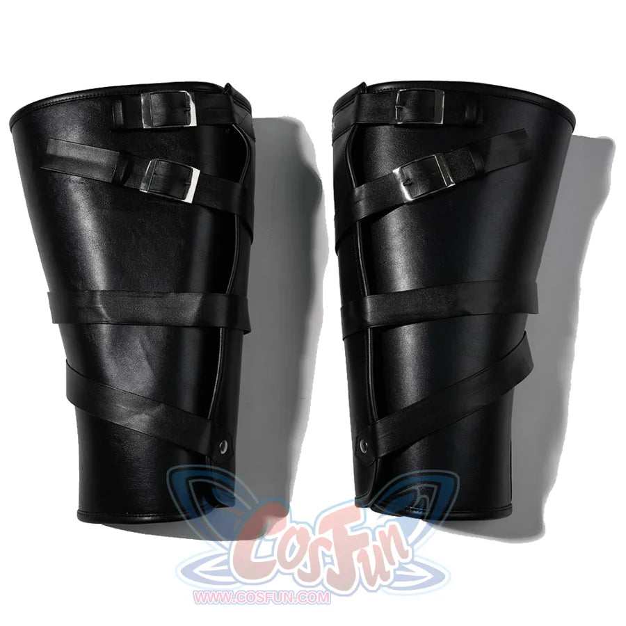 Doctor Doom cosplay leg covers flat lay with layered black straps and shaped tops.