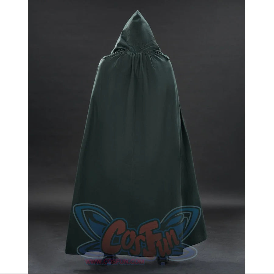 Doctor Doom cosplay cape rear view with a pointed hood above the long green drape.