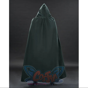 Doctor Doom cosplay cape rear view with a pointed hood above the long green drape.