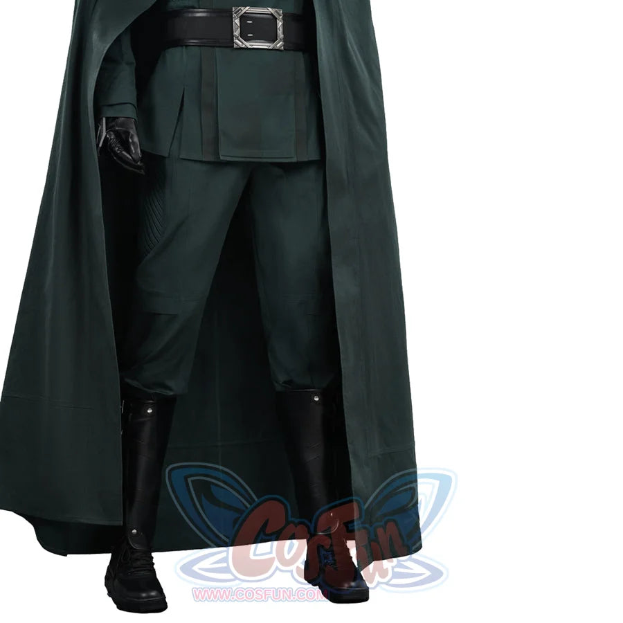 Doctor Doom cosplay lower costume view with a split green tunic framed by a black belt and long cape.