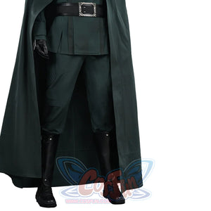 Doctor Doom cosplay lower costume view with a split green tunic framed by a black belt and long cape.