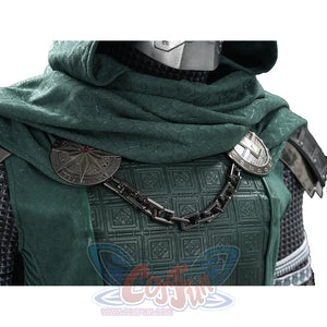 Doctor Doom cosplay neckline detail with a dark chain linking round silver-tone ornaments.