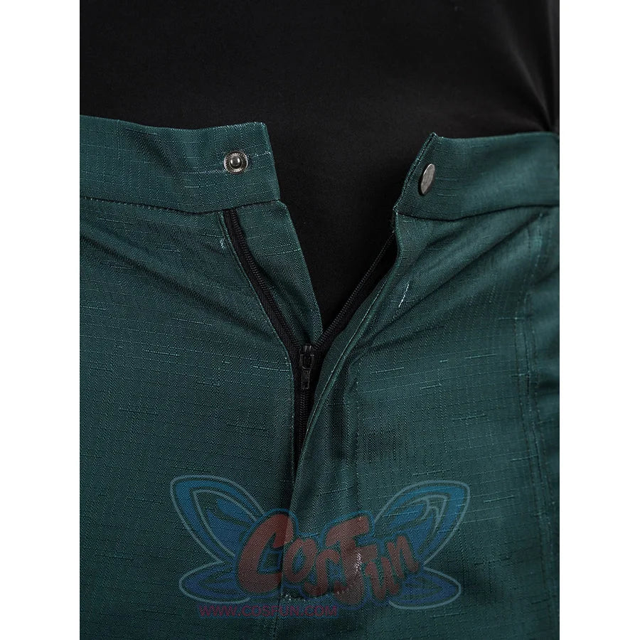 Doctor Doom cosplay pants front detail with a concealed zipper and snap closure.