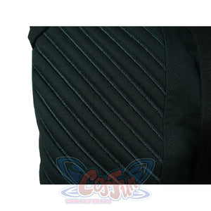 Doctor Doom cosplay ribbed panel detail with layered diagonal lines on green fabric.