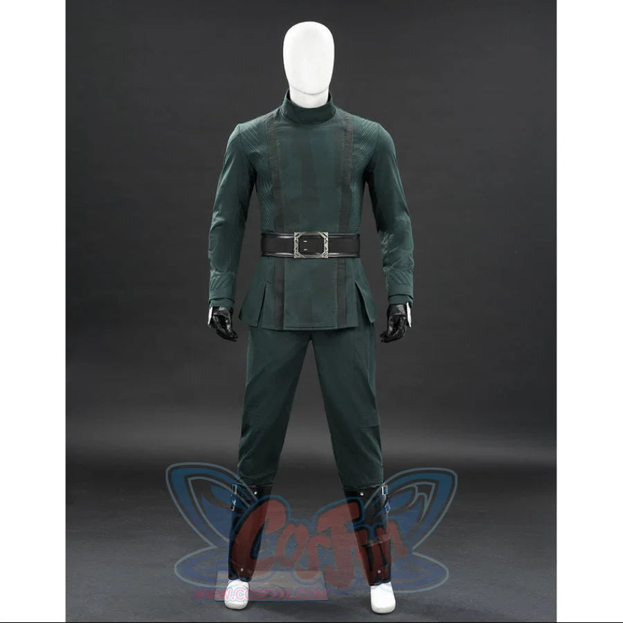 Doctor Doom cosplay green tunic front view with a high collar and split hem over matching pants.