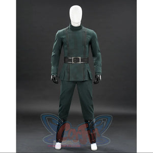 Doctor Doom cosplay green tunic front view with a high collar and split hem over matching pants.