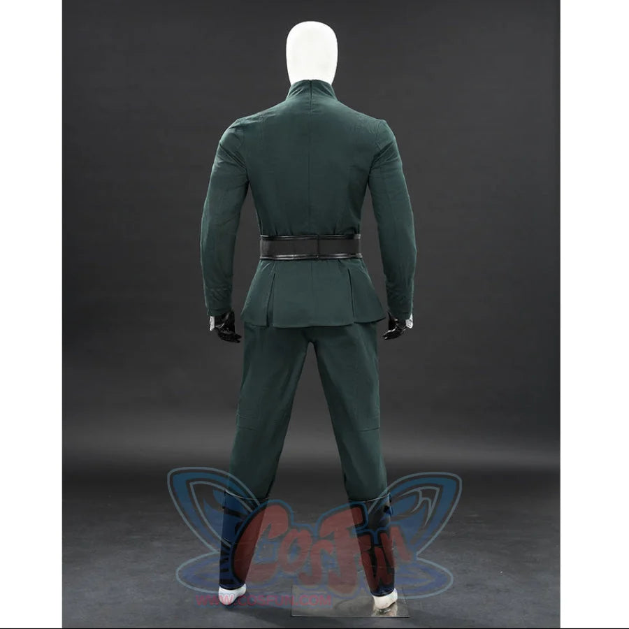 Doctor Doom cosplay green tunic rear view with fitted seams above matching pants.