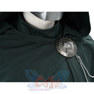 Doctor Doom cosplay round clasp close-up with silver-tone chains over layered cape folds.