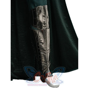 Doctor Doom cosplay shin armor side view with reflective panels and dark edging.