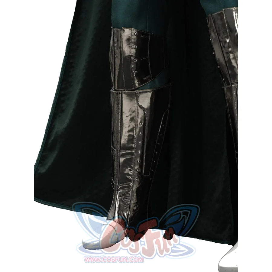 Doctor Doom cosplay shin guards with reflective silver-tone panels framed by the long cape.