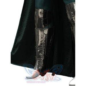 Doctor Doom cosplay shin guards with reflective silver-tone panels framed by the long cape.