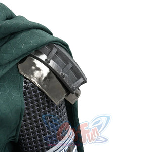 Doctor Doom cosplay shoulder armor close-up with layered silver-tone plates over a textured sleeve.