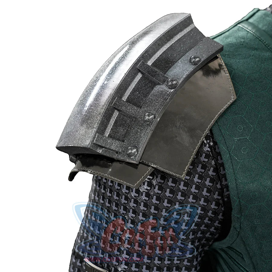 Doctor Doom cosplay shoulder armor profile with layered curved plates over the textured sleeve.