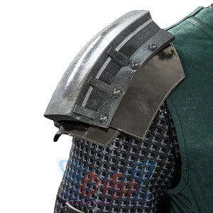 Doctor Doom cosplay shoulder armor profile with layered curved plates over the textured sleeve.