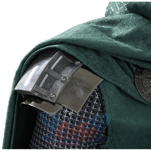 Doctor Doom cosplay shoulder armor side view with layered plates beneath the green cape.
