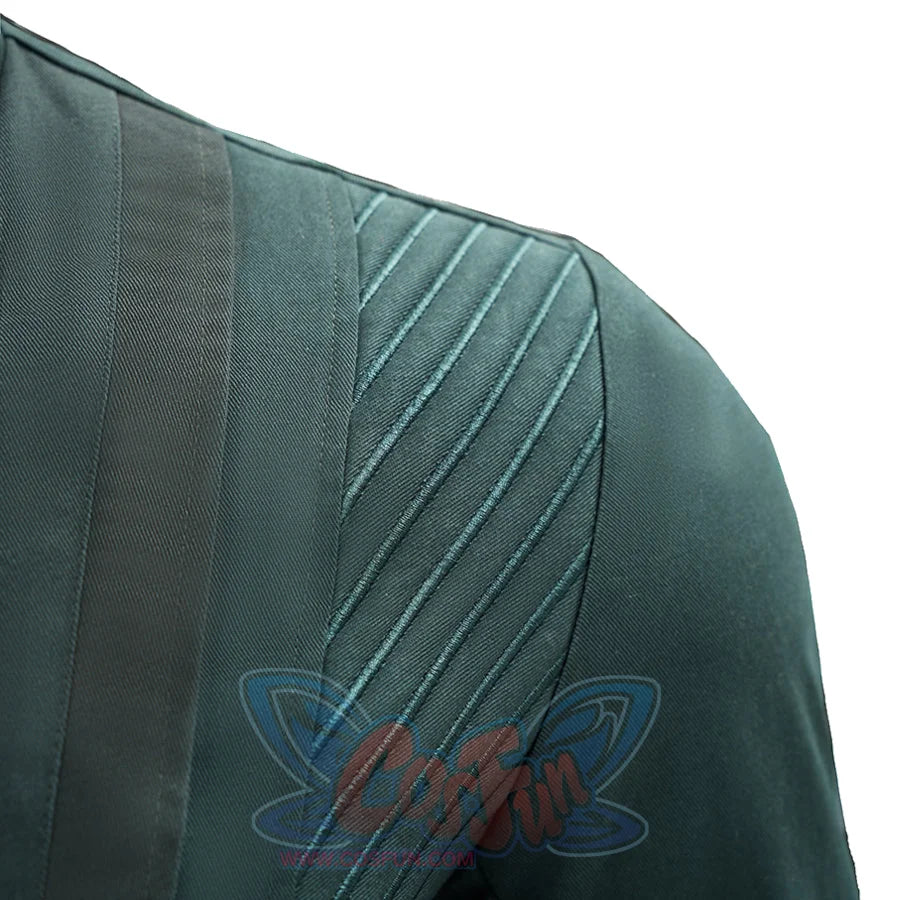 Doctor Doom cosplay shoulder detail with diagonal ribbed panels on deep green fabric.