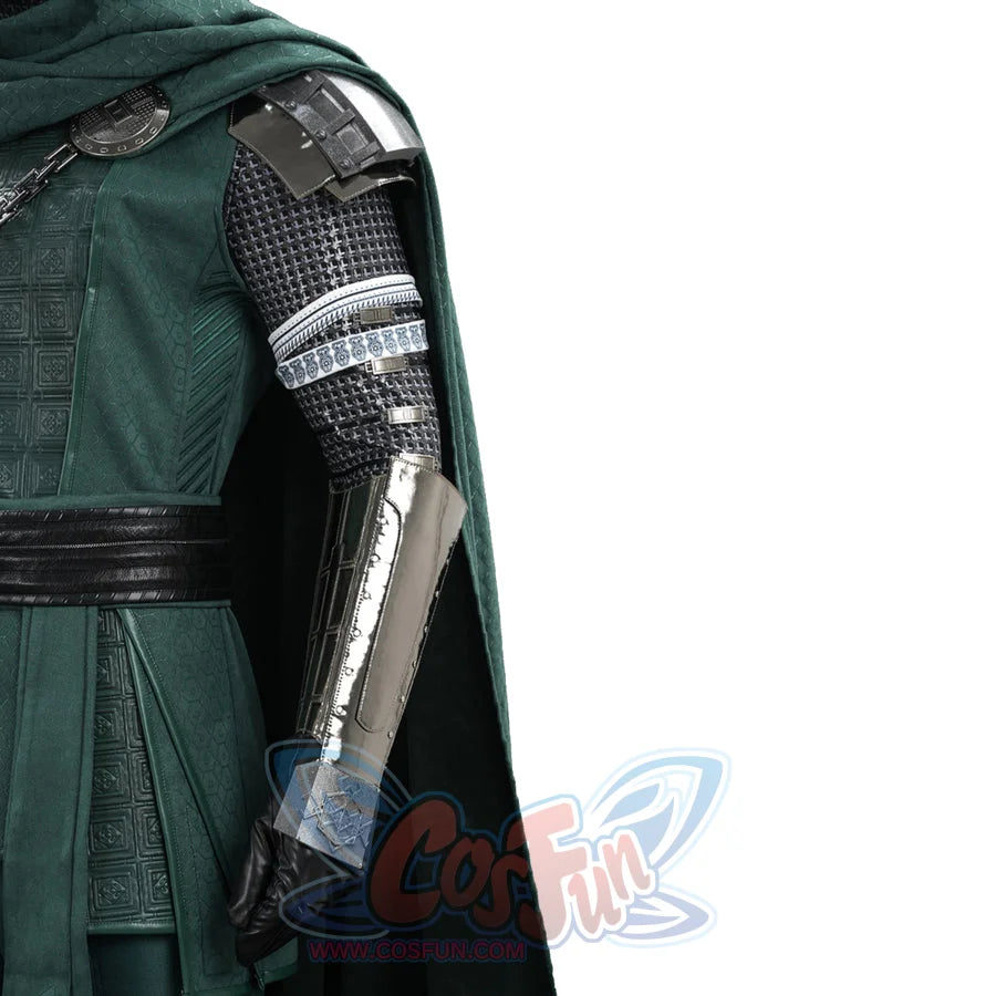 Doctor Doom cosplay side armor view with a silver-tone forearm guard beside the green tunic.