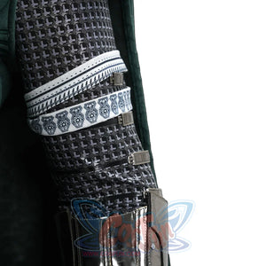 Doctor Doom cosplay sleeve detail with patterned black fabric and a silver-gray printed band.