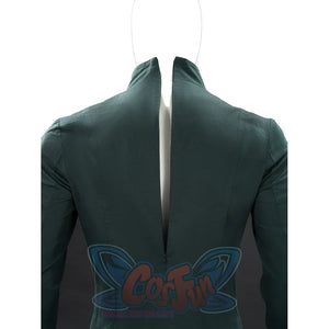 Doctor Doom cosplay top rear view with a long center zipper and high green collar.