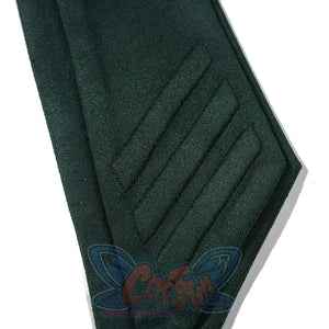 Doctor Doom cosplay tunic trim close-up with diagonal raised bands on green fabric.