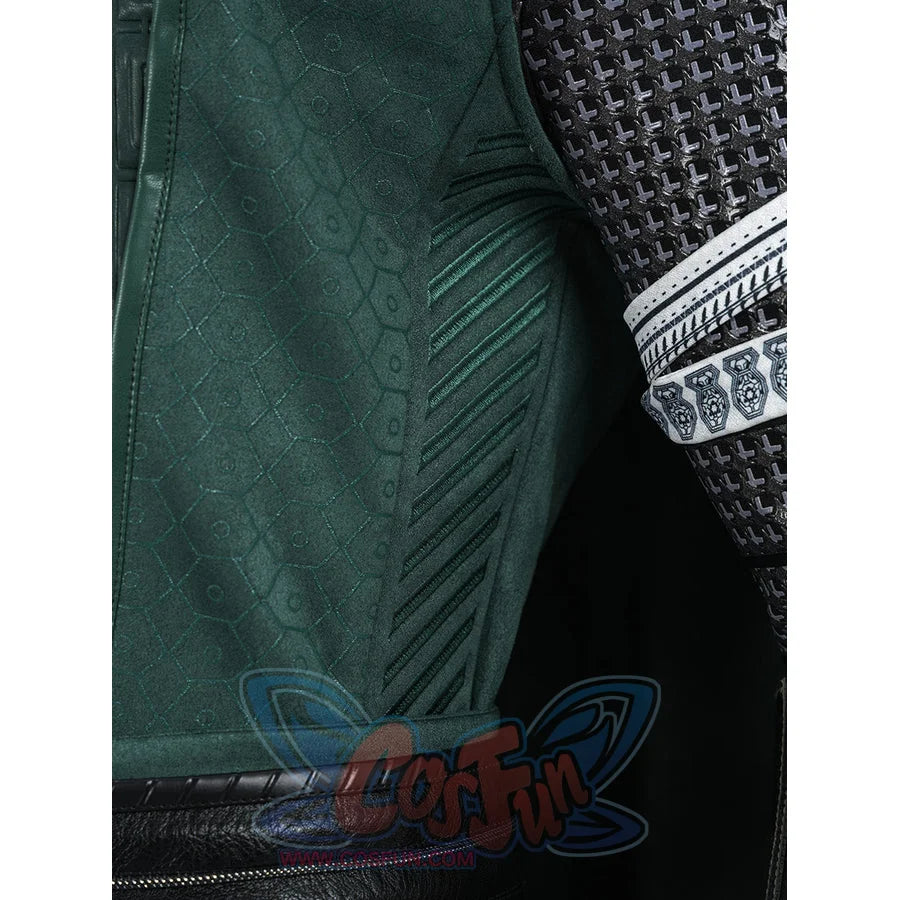 Doctor Doom cosplay tunic side panel with diagonal raised trim beside a textured sleeve.