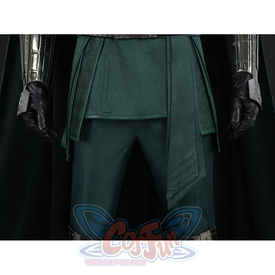 Doctor Doom cosplay green tunic split hem with long patterned front panels over matching pants.
