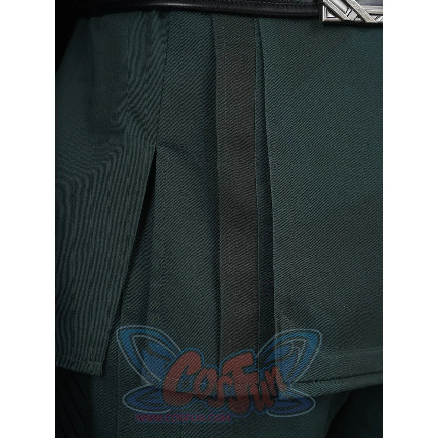 Doctor Doom cosplay tunic split panel with dark edging over matching green pants.