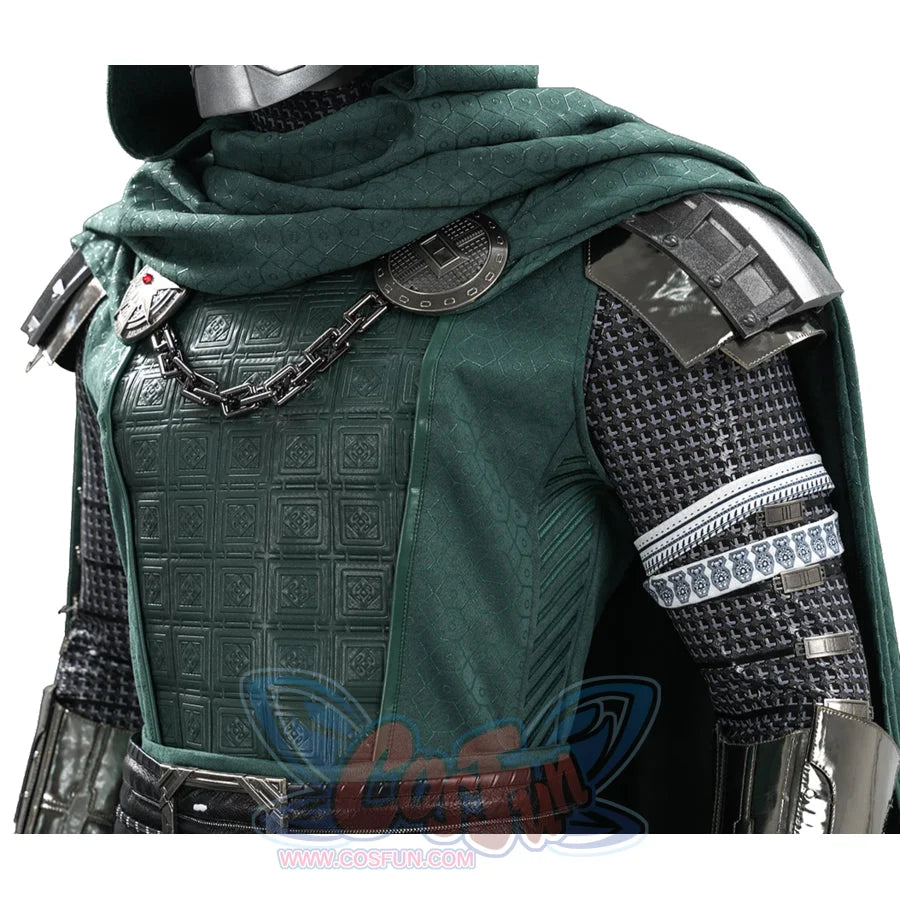 Doctor Doom cosplay upper-body view with embossed green panels and layered shoulder armor.