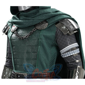 Doctor Doom cosplay upper-body view with embossed green panels and layered shoulder armor.