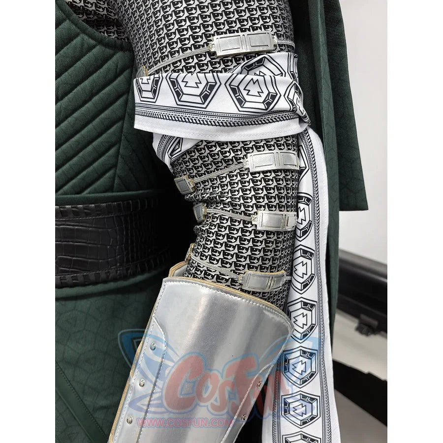 Doctor Doom cosplay costume includes a metallic forearm guard and a patterned sleeve with silver-tone accents and textures.
