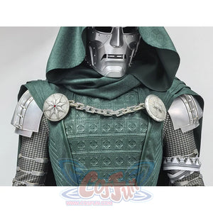 Doctor Doom cosplay costume anchors silver-tone shoulder armor with a chain across a textured green tunic and dark hood.