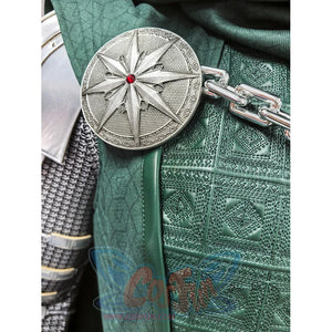 Doctor Doom cosplay costume gathers a metallic star brooch and silver-tone chain over the textured green faux leather cape.