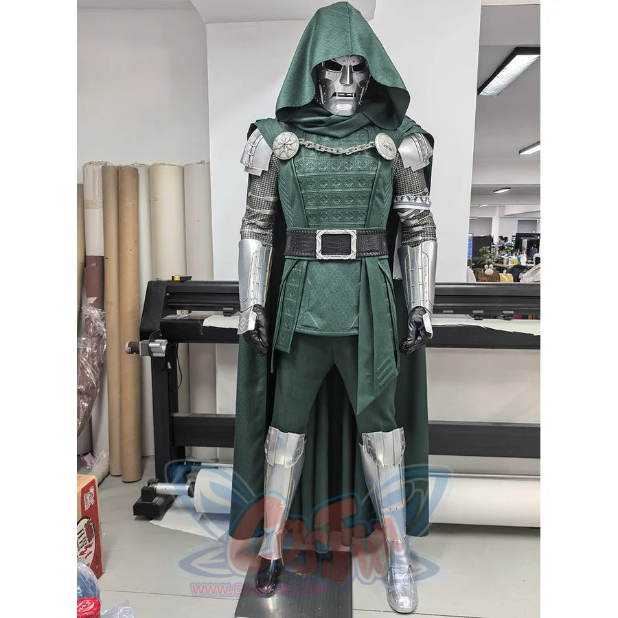 COSFUN Doctor Doom cosplay costume includes a green hooded cape that frames a textured tunic with intricate metal armor.