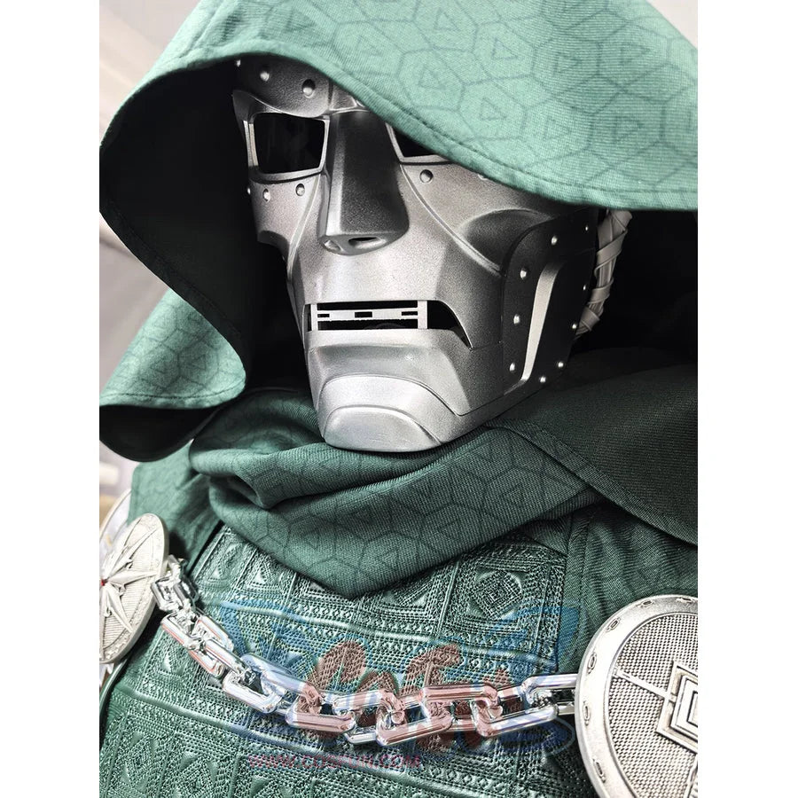 Doctor Doom cosplay costume presents a textured green hooded cape layered over intricate chest armor with metallic chains.