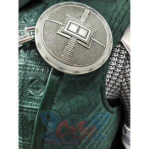Doctor Doom cosplay costume presents a metallic circular chest emblem anchored to a textured green fabric base layer.