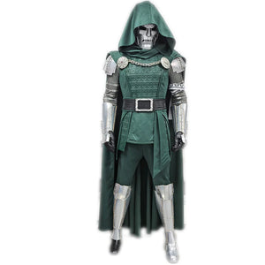 COSFUN Doctor Doom cosplay costume includes a green hooded cape that frames a textured tunic with intricate metal armor.