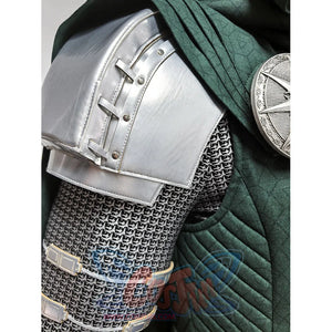 Doctor Doom cosplay costume presents metallic shoulder guards over detailed chainmail sleeves and a heavy green cloak.