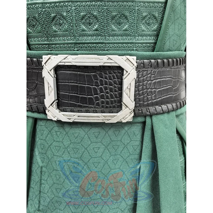 Doctor Doom cosplay costume centers textured green fabric waist cincher with large silver-tone buckle and black faux leather.