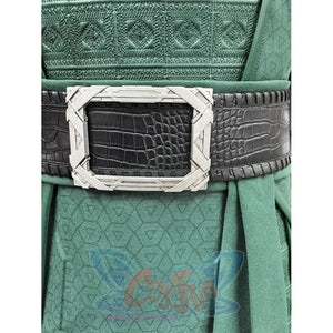Doctor Doom cosplay costume centers textured green fabric waist cincher with large silver-tone buckle and black faux leather.